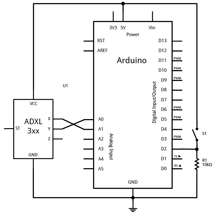 Arduino with accelerometer and pushbutton