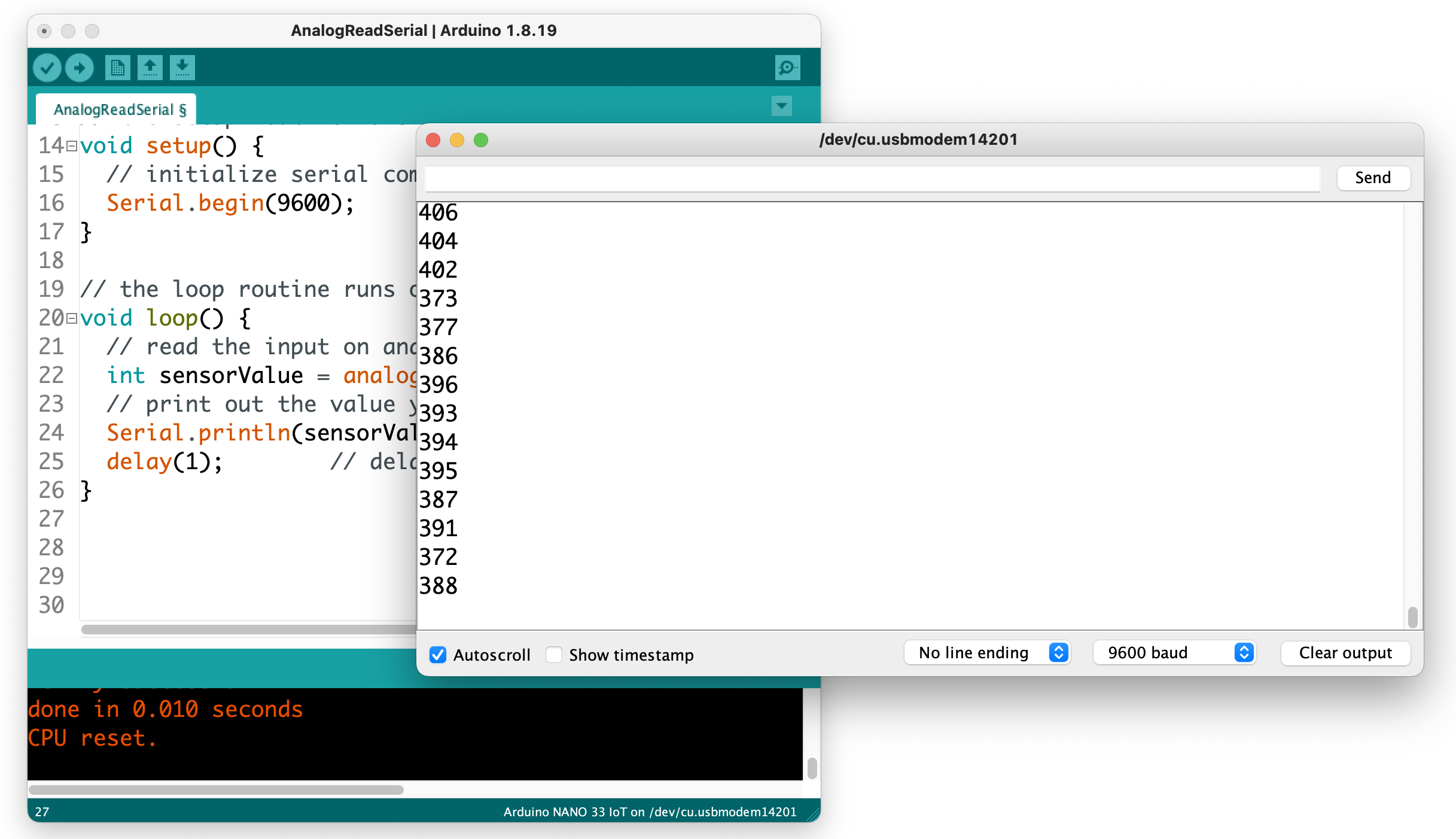 Arduino IDE with a serial monitor window open and displaying incoming values