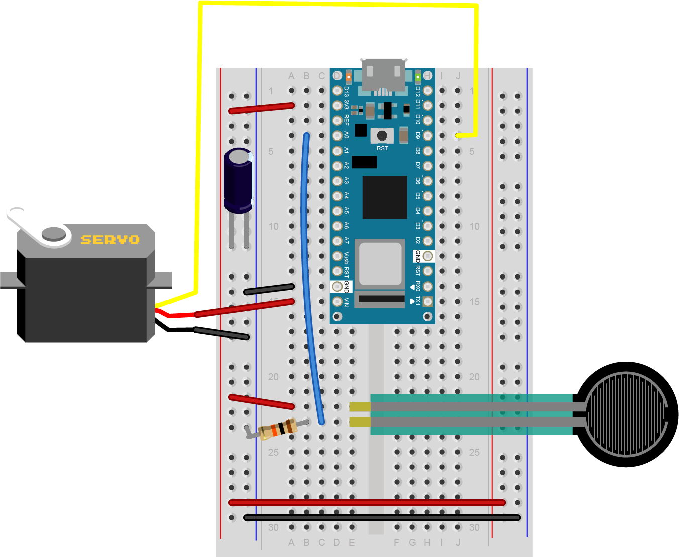 Breadboard view of an Arduino Nano 33 IoT connected to a voltage divider input circuit on analog in pin 0 and a servomotor on digital pin 9. A fixed 10-kilohm resistor is attached to analog in pin 0 and to ground on the Arduino. A variable resistor is attached to analog in pin 0 and to Vin pin (+5 volts). A servomotor's control wire is attached to digital pin D3. The motor's voltage input is attached to Vin, and its ground is attached to ground on the Arduino. A 10-microfarad capacitor is mounted across the 3.3V and ground buses.
