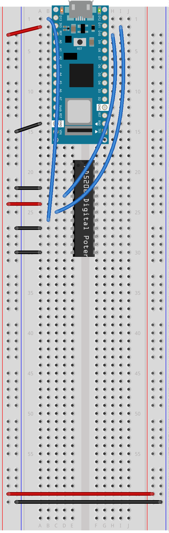 Figure 10. Schematic of an Arduino attached to a AD5206 Potentiometer. The Arduino's ground is attached the the potentiometer's A5, Vss, and Ground pins, numbered 12, 9, and 4, respectively. The Arduino's D10, D11, and D13 pins are attached to the potentiometer's CS, SDI, and CLK pins, which are numbered 5, 7, and 8, respectively. The potentiometer's Vdd pin, number 6, is connected to 3.3 volts.
