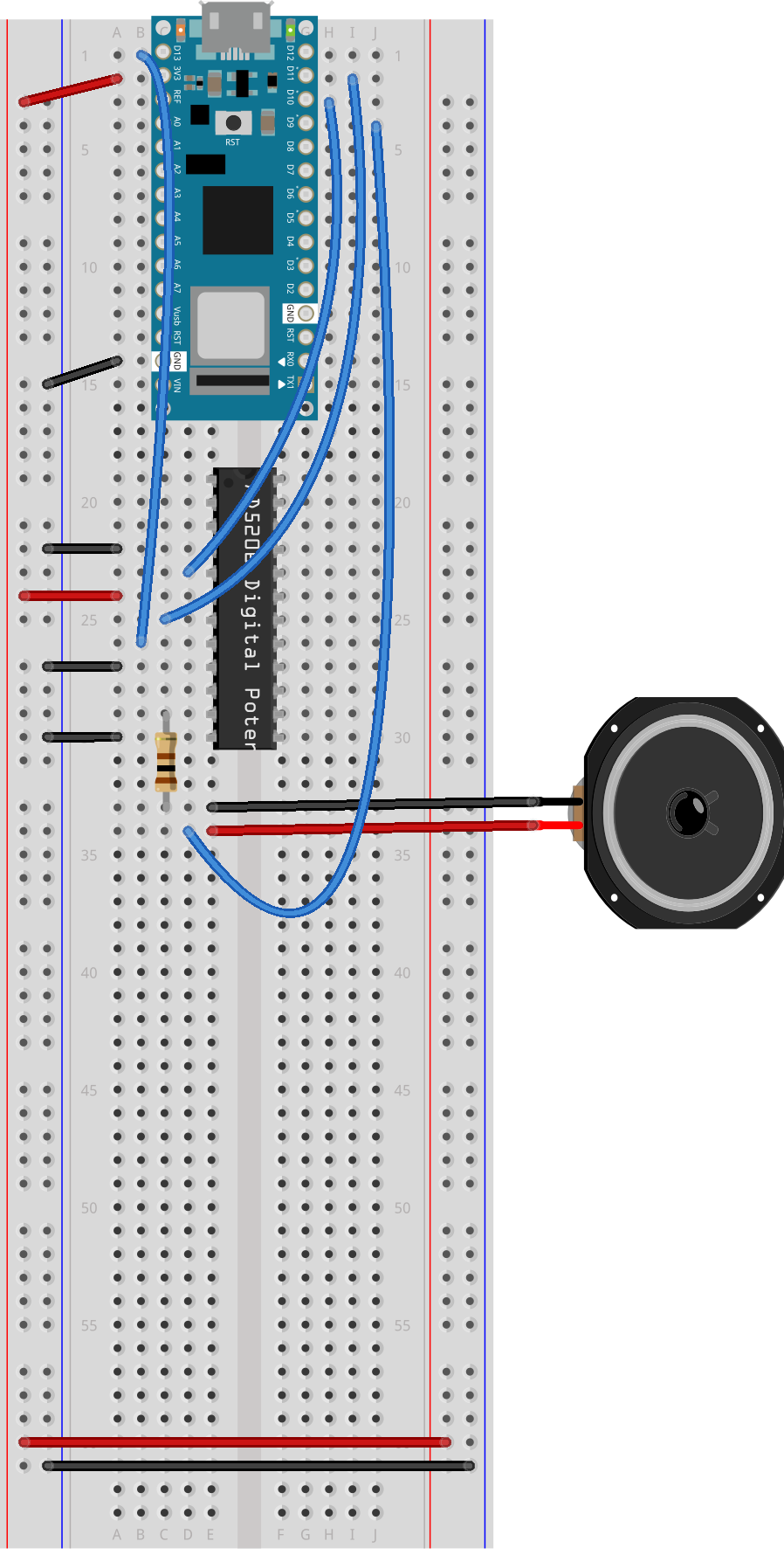 Figure Schematic of an Arduino attached to a AD5206 Potentiometer and a speaker. The Arduino's ground is attached the the potentiometer's A5, Vss, and Ground pins, numbered 12, 9, and 4, respectively. The Arduino's D10, D11, and D13 pins are attached to the potentiometer's CS, SDI, and CLK pins, which are numbered 5, 7, and 8, respectively. The potentiometer's Vdd pin, number 6, is connected to 3.3 volts. The Arduino's D9 pin is connected to the negative terminal of a speaker. The speaker's positive terminal is connected to a 100 Ohm resistor, which is connected to the potentiometer's W5 pin, number 11.