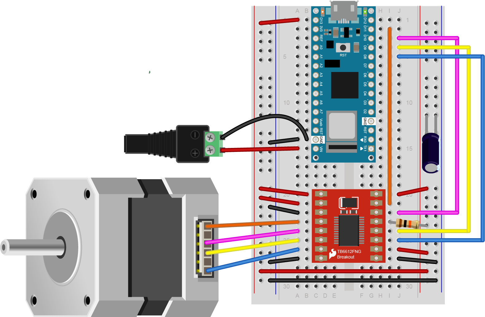 Figure 19. Breadboard view of an TB6612FNG running a 9V NEMA-style stepper motor from an Arduino Nano 33 IoT. The circuit is similar to Figure 17 above, but in this image an external power jack is connected to the Nano's Vin pin (pin 15) and grounded to its ground pin (pin 14). The TB6612FNG's VMOT pin (pin 1) is connected to the Nano 33 IoT's Vin pin (pin 15) and the positive terminal of the power jack. The Nano would then need to be powered by a 9V DC power supply connected to the power jack