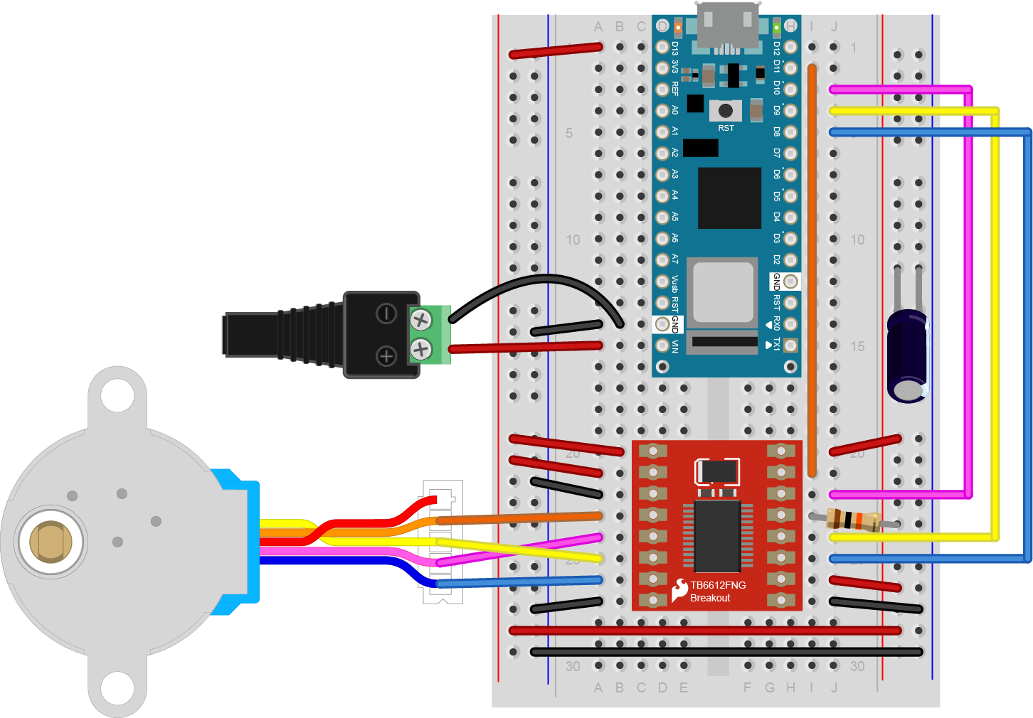 Figure 20. Breadboard view of an TB6612FNG running a 5V stepper motor from an Arduino Nano 33 IoT with an external voltage regulator. The circuit is similar to Figures 17 and 19 above, but in this image an external power jack is connected to the Nano's Vin pin (pin 15) and grounded to its ground pin (pin 14). A 7805 5V voltage regulator has been added to the breadboard in three rows just above the TB6612FNG on the left side of the breadboard. The regulator's input pin is closest to the top of the board, and is connected to the Nano's Vin pin and the positive terminal of the power jack. Its ground is in the middle, and is connected to the left side ground bus of the breadboard. Its output is closest to the bottom and is connected to the TB6612FNG's VMOT pin (pin 1). The whole circuit could be powered by a 9-12V DC power supply connected to the power jack. The regulator would ensure that the motor and the STSPI220 always get 5V and up to 1A.