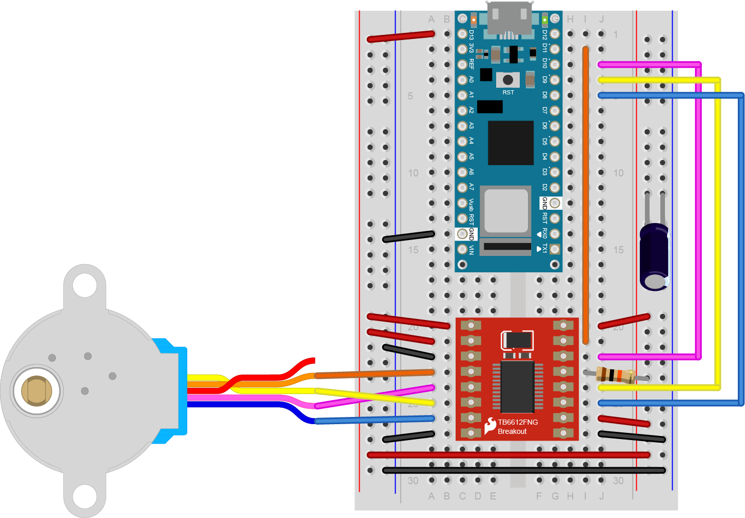Figure 17. Breadboard diagram of an H-bridge and an Arduino Nano 33 IoT wired for control of a stepper.