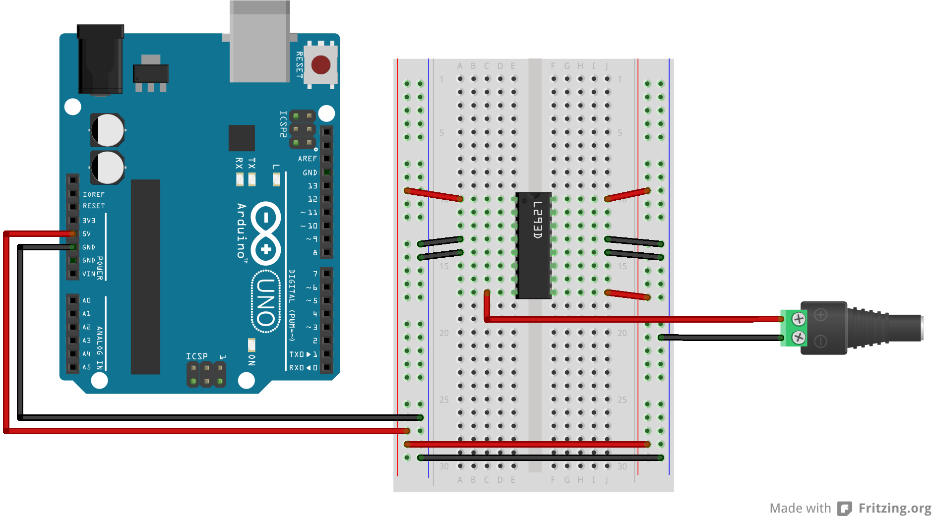 Breadboard view of an h-bridge connected to an Arduino for driving a stepper motor. The Arduino and breadboard are connected as described in the previous breadboard view. The H-bridge straddles the middle of the breadboard in rows 10 through 16. The H-bridge's pins 1, 9, and 16 are connected to the left or right voltage buses of the breadboard, whichever is closest to their side. An external DC power jack connects to the right side ground bus of the breadboard from its negative terminal, and its positive terminal connects to pin 8 of the H-bridge.