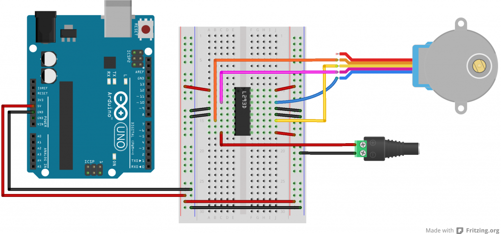 Breadboard view of an h-bridge connected to an Arduino for driving a stepper motor. The board is wired similarly to the previous breadboard view, and this time a stepper motor has been added. The motor's pink wire (wire 4) is connected to the same row as pin 3 of the H-bridge. The motor's orange wire (wire 2) is connected to the same row as pin 6 of the H-bridge. The motor's yellow wire (wire 3) is connected to the same row as pin 11 of the H-bridge. The motor's blue wire (wire 5) is connected to the same row as pin 14 of the H-bridge. THe motor's red wire (wire 1) is not connected to anything.