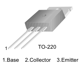 Pinout drawing of a TIP-120 transistor. It is facing forward with the heat sink tab at the top and the bulging side of the component facing you. From left to right the legs are labelled 1. base, 2. collector, 3. emitter. 
