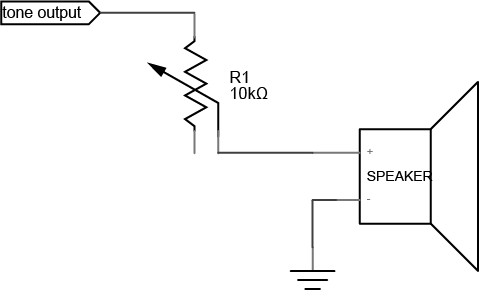 Electrical diagram of speaker. The speaker's negative pin is connected to ground and the positive pin is connected to a 10k potentiometer
