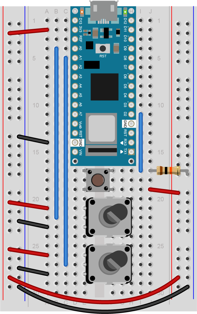 Breadboard view of an Arduino Nano attached to two potentiometers and a pushbutton
