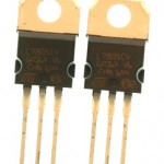 5-volt regulator, model 7805. This component has three legs and a tab at the top with a hole in it. If you hold the component with the tab at the top and the bulging side of the component facing you, the legs will be arranged, from left to right, voltage input, ground, and voltage output.