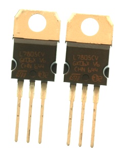 5-volt regulator, model 7805. This component has three legs and a tab at the top with a hole in it. If you hold the component with the tab at the top and the bulging side of the component facing you, the legs will be arranged, from left to right, voltage input, ground, and voltage output.