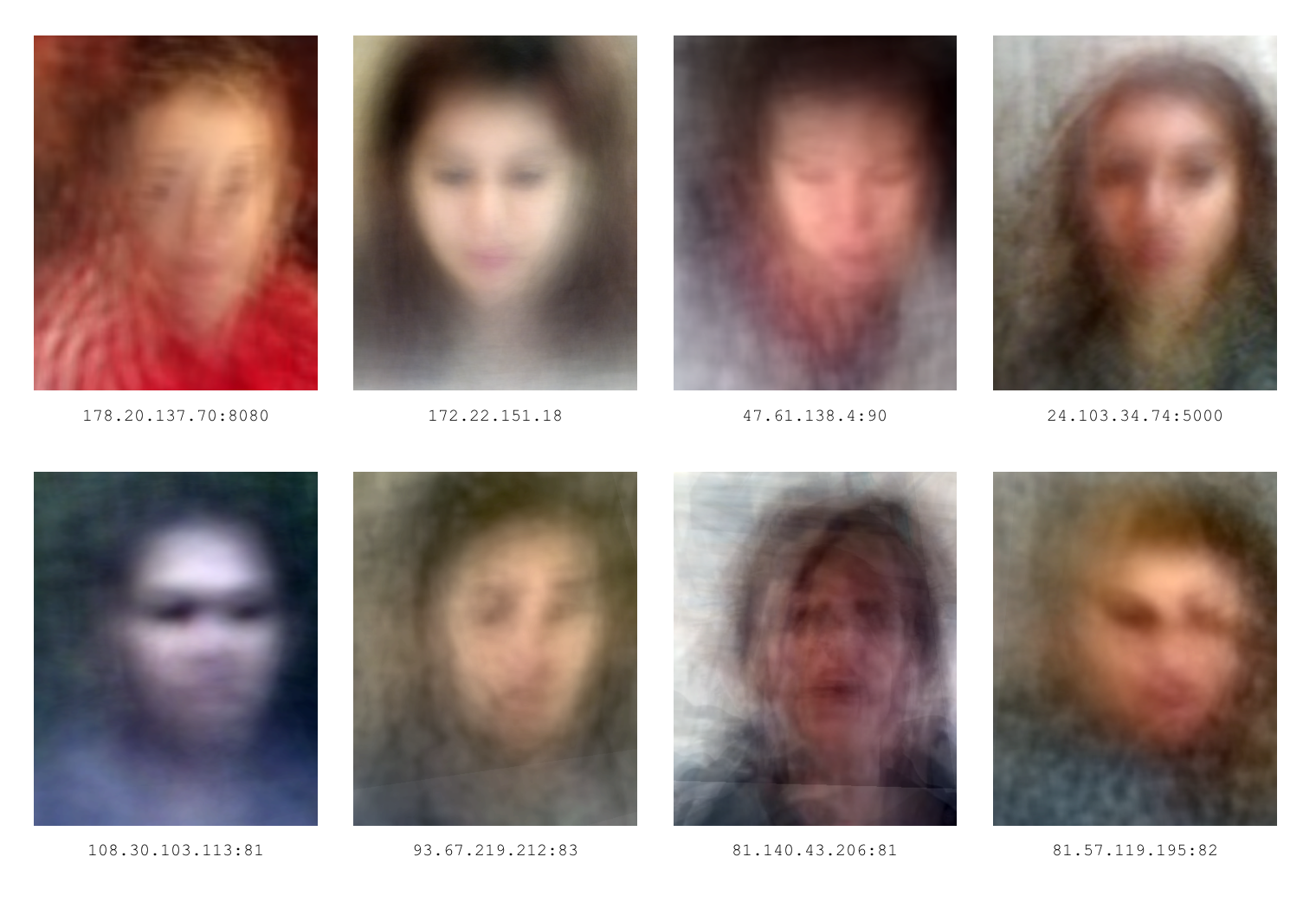 "Unfolding Prejudice" is a series of evolving portraits that are the accumulation of faces captured by security cameras. The portraits reflect the process of instantaneous and shifting prejudice across time and location.