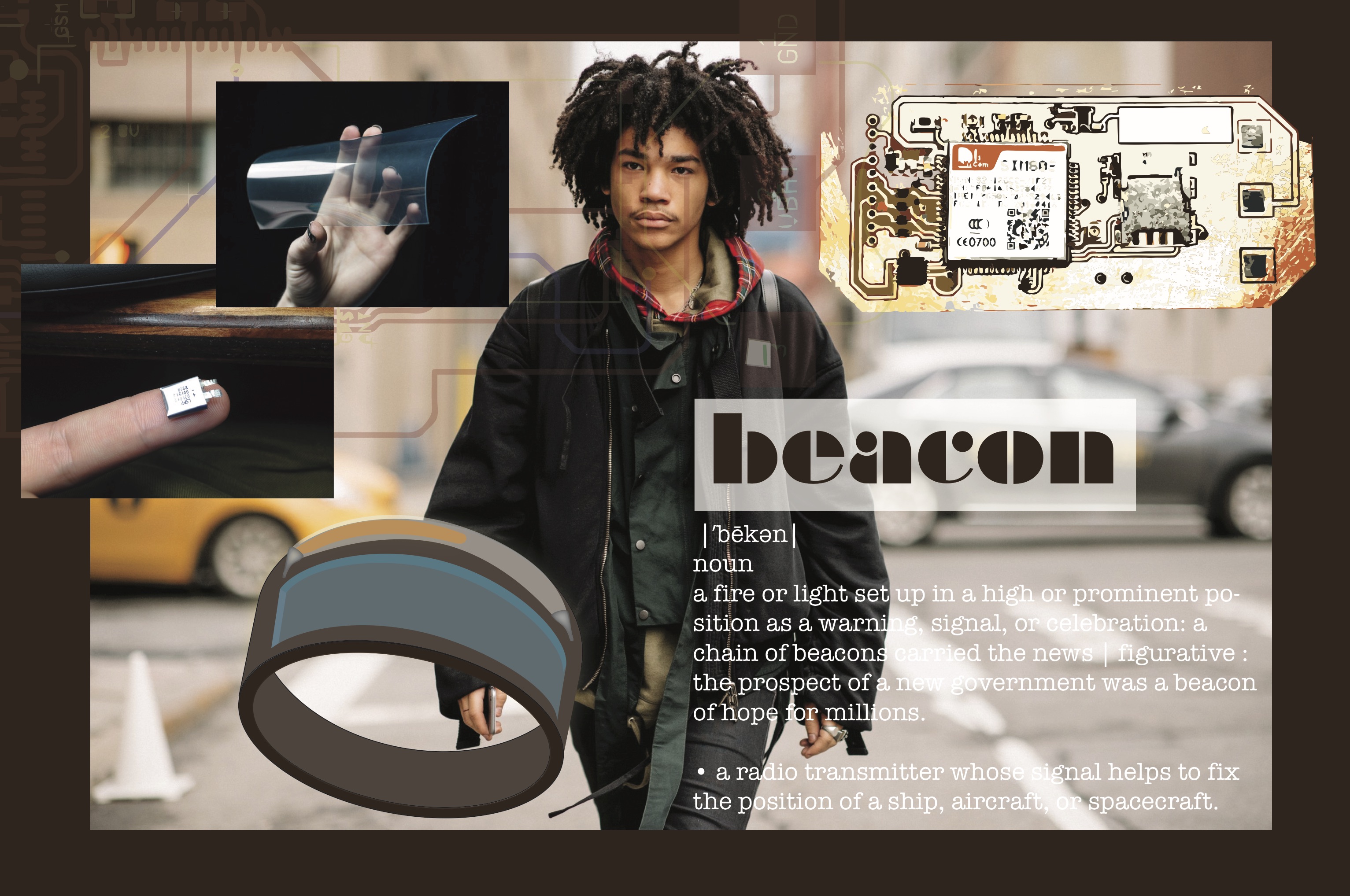 beacon: a solar rechargable emergency signal wristband that can be repurposed for other GSM message delivery.
