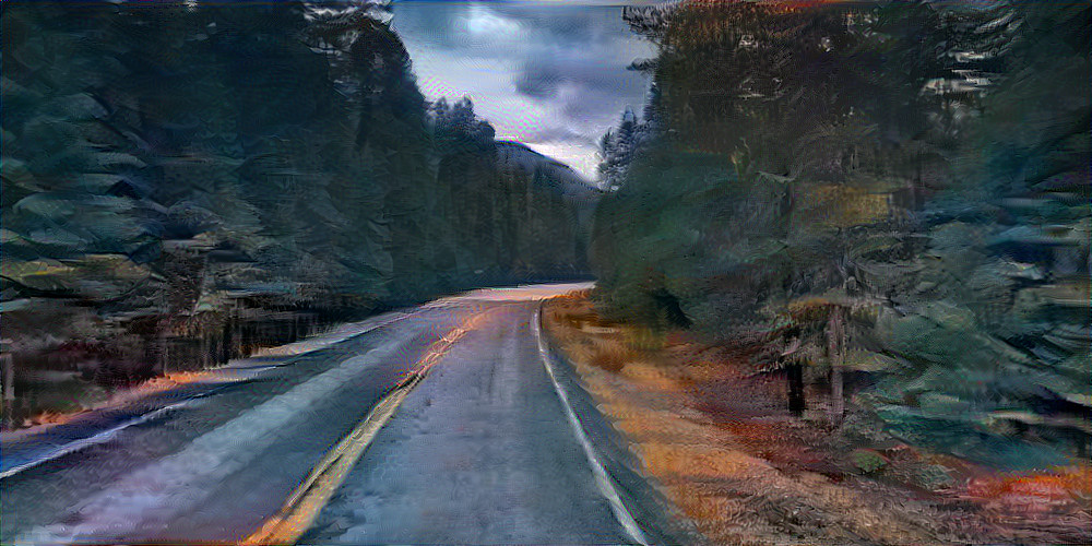 Neural Style Transfer algorithm applied to Google Street View data to make an animation that looks like you are flying through a painting.