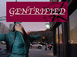Picture of woman standing in the street with the word, "Gentrified" above her.