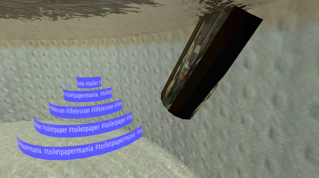toilet paper museum setting in vr with footages and texts and sculptures