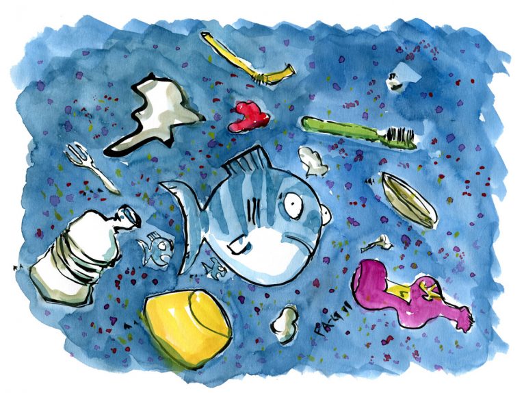 A cartoon drawing of a fish swimming in a sea of plastic waste