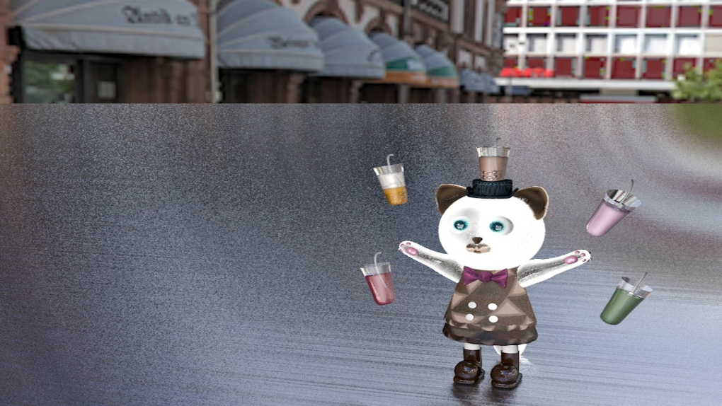 Bubble is thinking about what to drink again on a street.
