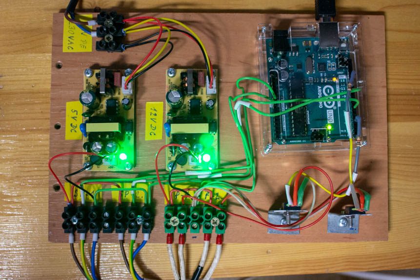 Control Panel with Arduino, from the left two power sources - 5V and 12V DC, two MOSFET transistors and Arduino controller