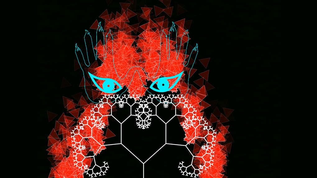 fire triangles, a mask with the shape of hands on fire with eyes and a fractal tree overlay with a black background