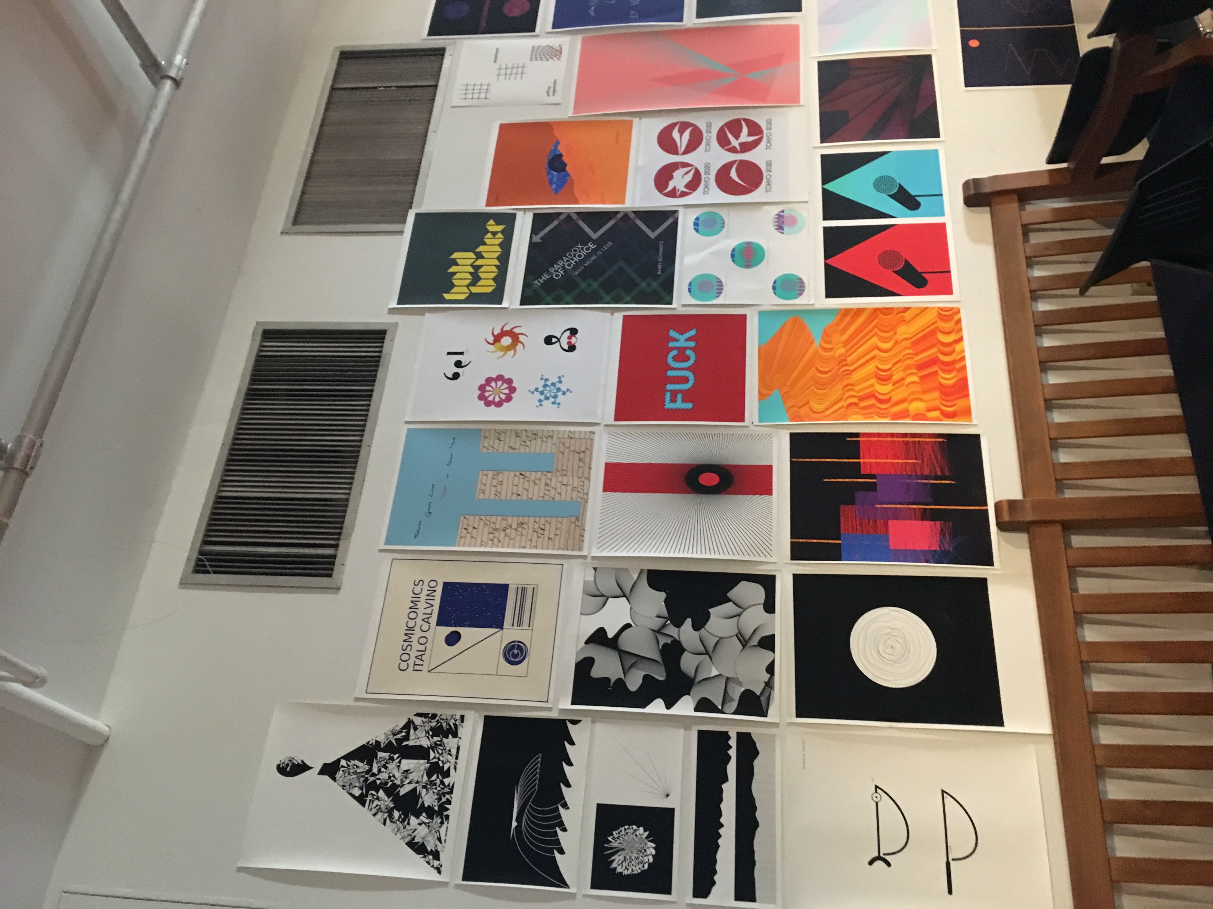 A curated wall of the collective works designed by the students of Rune Madsen's Programming Design Systems Class, highlighting the journey of graphic design through code.