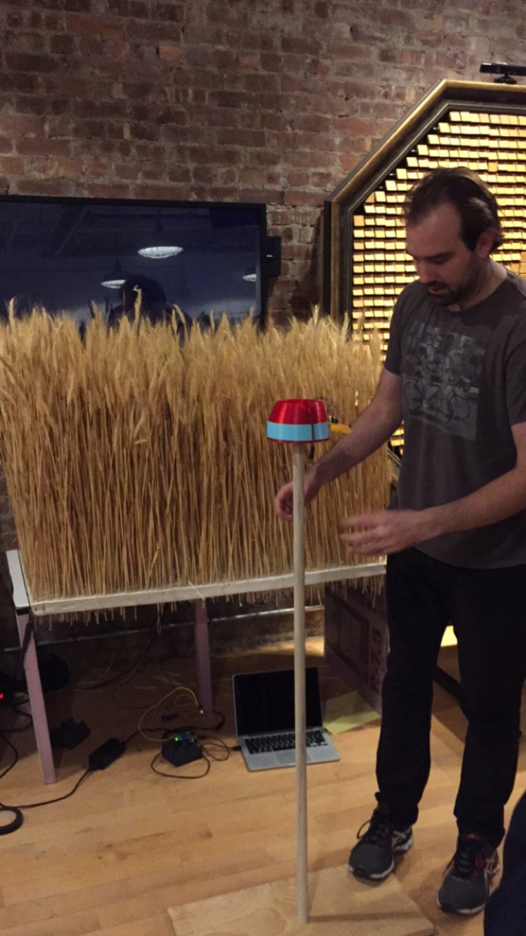 Cosmic Breath is an interactive installation made up of stalks of wheat that is activated when a participant blows into a sensor,  turning the participant’s breath into a natural event making the wheat field undulate as if it has been swept by a powerful gust of wind.