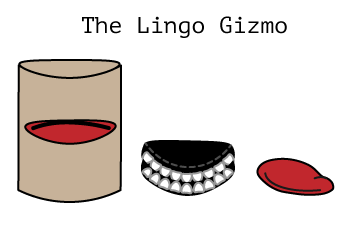 Invent original words with the Lingo Gizmo, a fabricated mouth, teeth and tongue. Contribute to a growing new language. Listen back to new words created by the people around you.