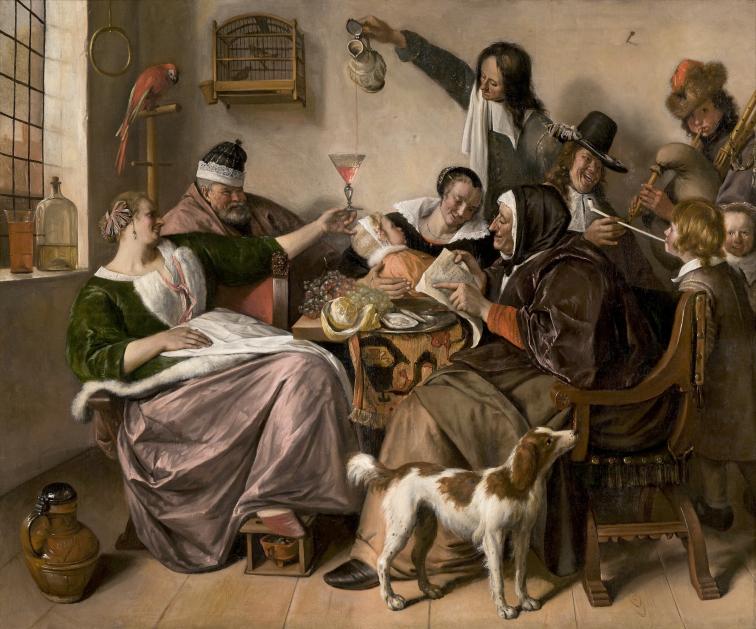 A soft, small scale interactive reproduction of Jan Steen's painting, "As the Old Sing, So Pipe the Young"
