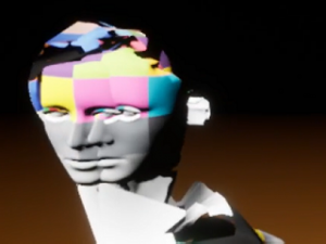 a multicolored human avatar with three blended faces (two in view)