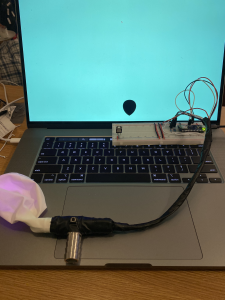 A device connected to a Arduino that is connected to a laptop showing a blue screen