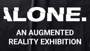 Black wrinkly paper texture background with white text that says "Alone. An Augmented Reality Exhibit"