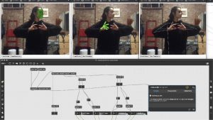 A screenshot image of a dancer's facial expression, hand gesture, and pose being detected by a webcam and machine learning models
