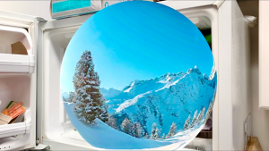 A 3D virtual sphere that displays the snowy scene