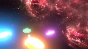 img src="SEENUnityGalaxyView.jpg" alt="A there dimensional translucent box floating in a starry galaxy, surrounded by four colored light-emitting gigantic moving  roulettes "