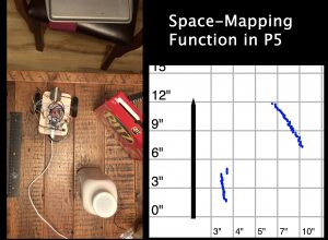 A split-screen view of 2 images with the title "Space-Mapping Function in P5". On the left, there's a birds-eye view of a car on a tabletop with 2 other objects. On the right, there's a digital map where the edges of the 2 tabletop obj
