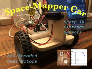 The front view of a small handmade vehicle made of wood and electronic components labeled "Space-Mapper Car". The wheels are labeled "N20 Encoded Gear Motors" and its front-facing sensor is labeled "Sharp IR Distance Sensor".
