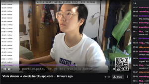 a livestream on twitch, in which the subject, viola is ordered to write p-com blog with 231 votes. On the left side of the screen there are lines of texts saying drink water, play a song, and other requests