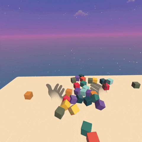 A gif of VR hands playing and stacking colorful blocks.