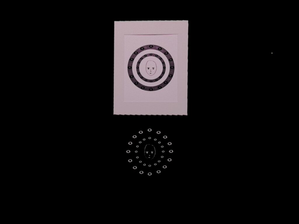 laser cut image showing a face in a target, a row of eyes made of light outlines behind it