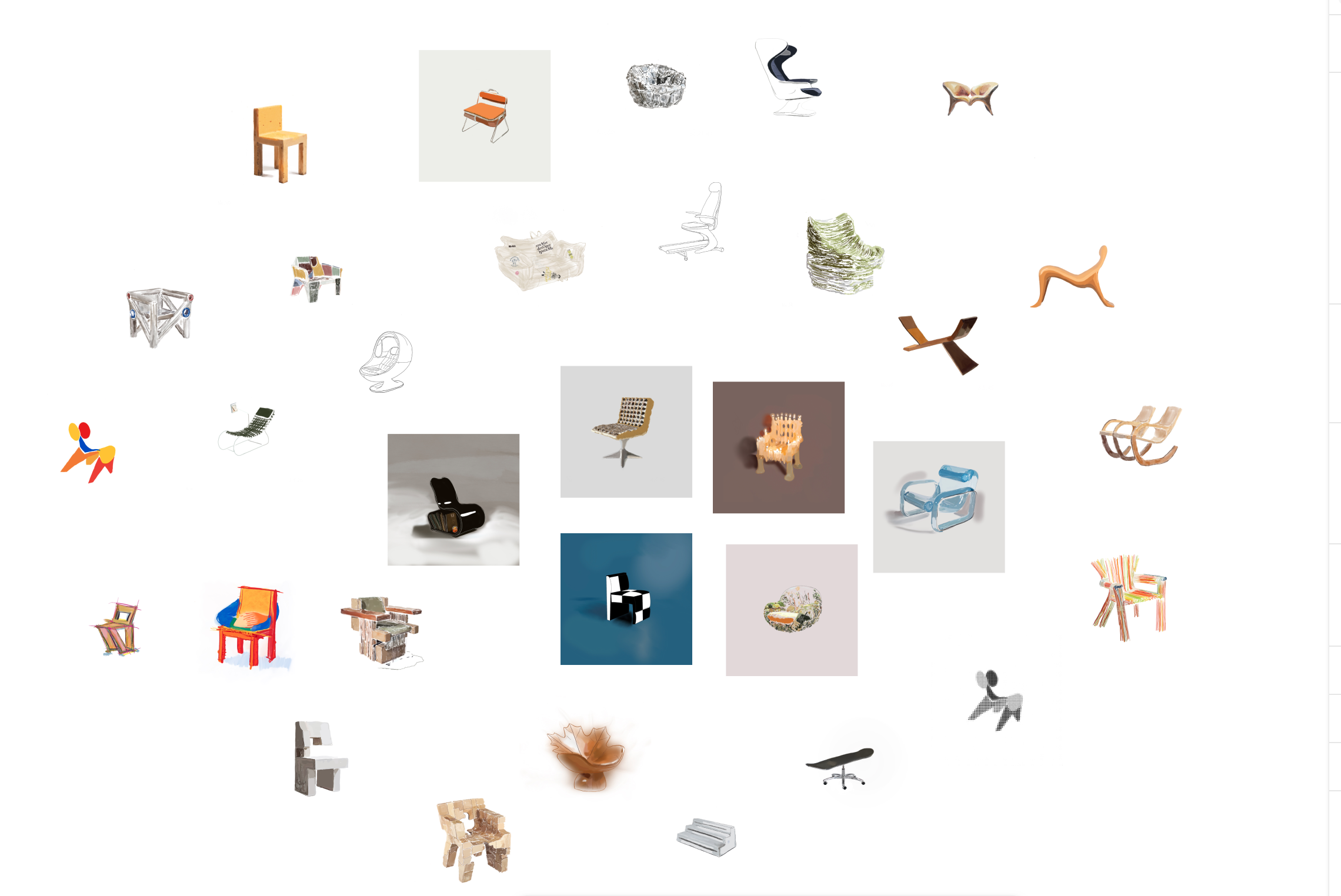 A collection of various uniquely designed chairs, arranged in a loose grid pattern on a white background