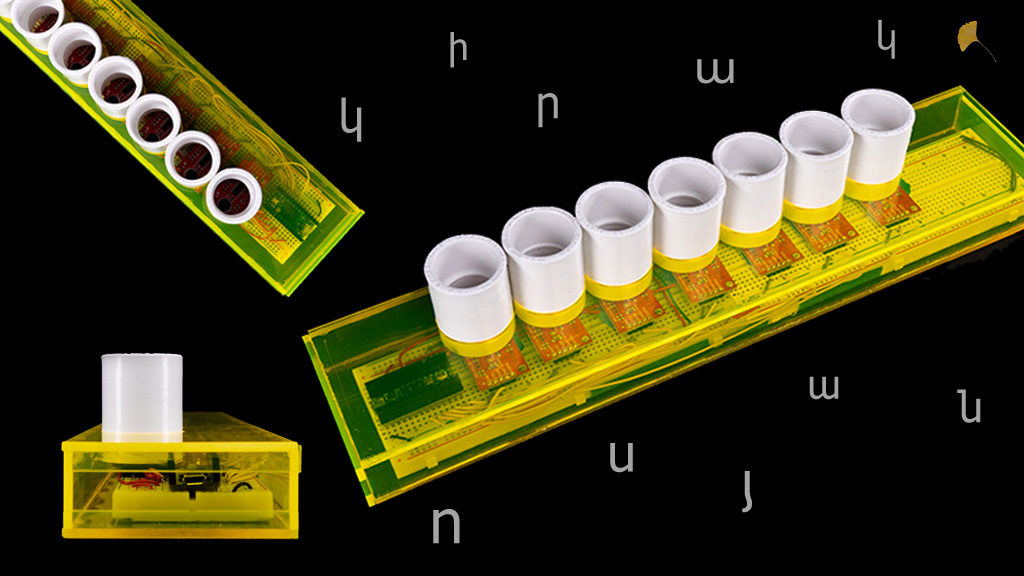 duduk-style LEZU instrument in three different perspectives with Armenian letters around it