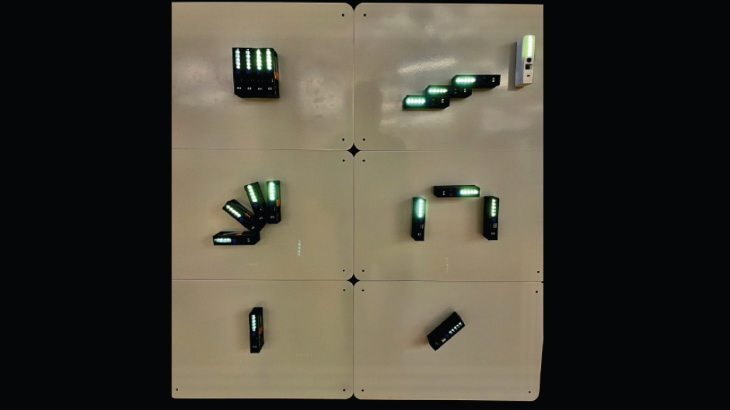 A wall with light emitting devices arranged in various ways.