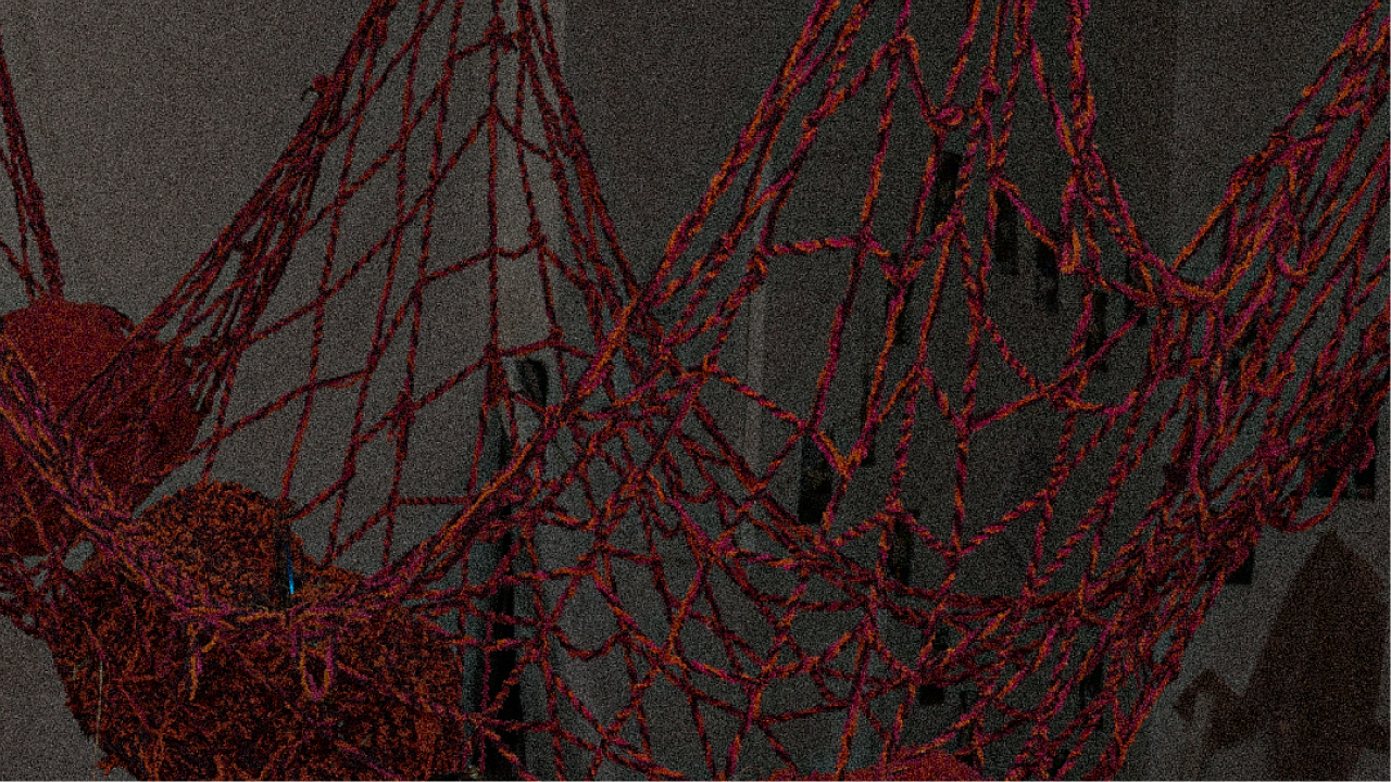 pink, red, and orange net suspended in a dark gallery