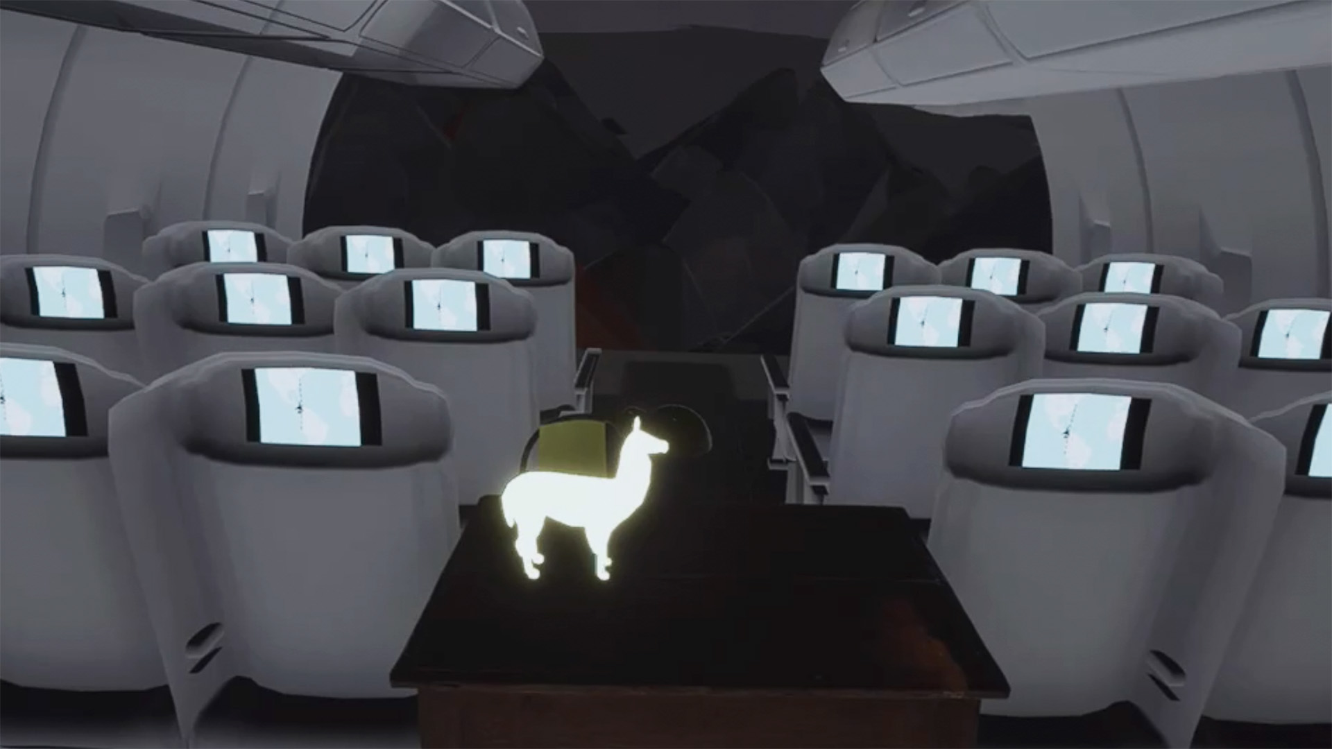Image from Home, a VR experience by Oscar Durand. The image shows a representation of the inside of a plane.