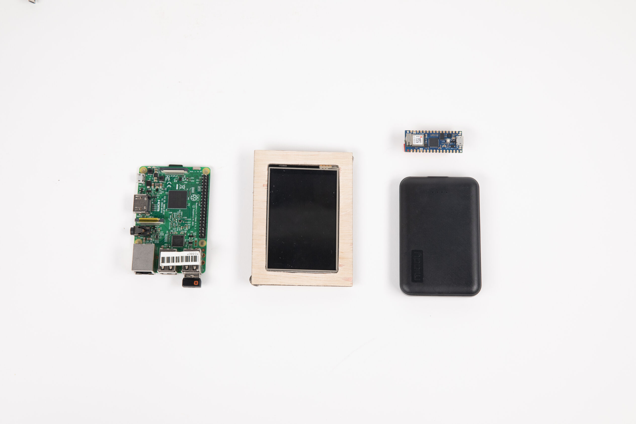 raspberry pi 3b, 3.5 inch display, arduino nano 33 iot, 5v battery pack