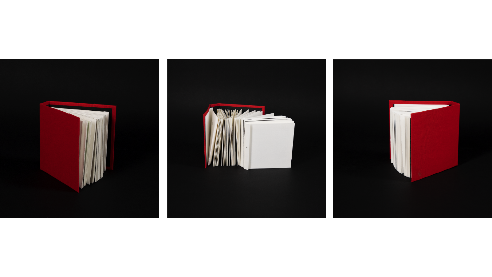 Red book placed at an angle with pages facing right corner of the screen. Pages are attached as an accordion, part of the accordion has been pulled out of the book and a part of the middle of the book is placed in a zigzag pattern, a one-third end of the book is in a stack on the right edge of the frame.