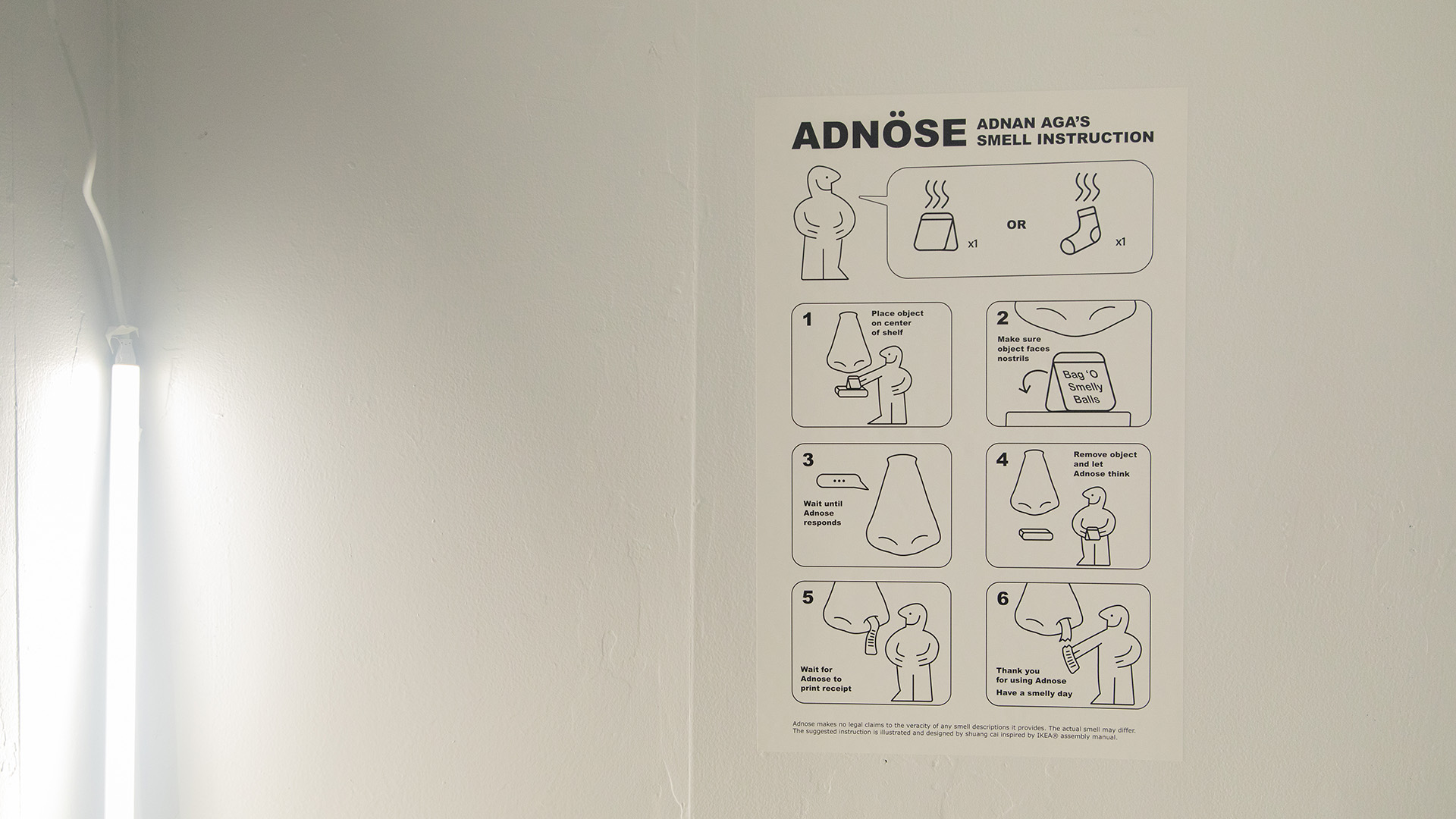 An instruction manual for how to smell in the format of an IKEA Instruction manual stuck to the wall.
