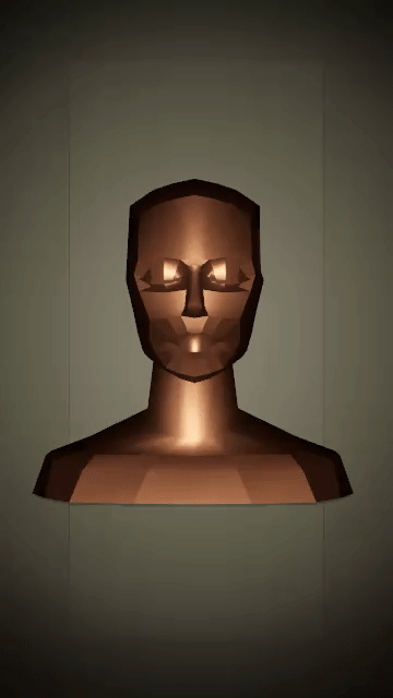 Animated 3D model of a copper bust of a woman rotating 360 degrees.