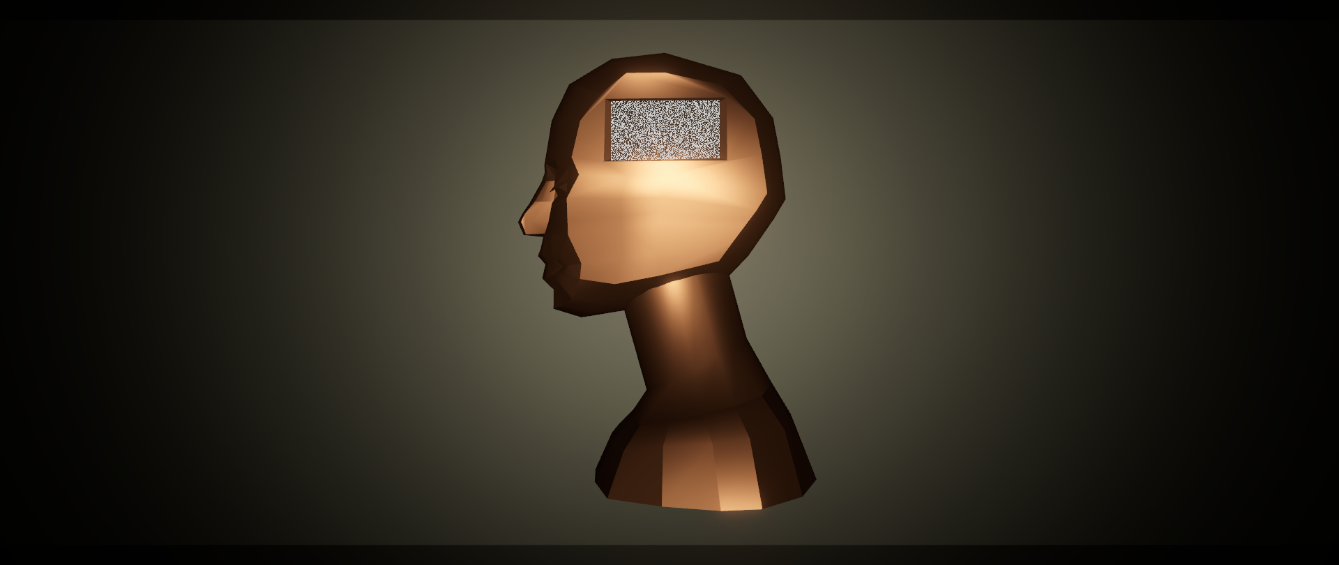 3D modeled copper bust of woman's head in left profile.