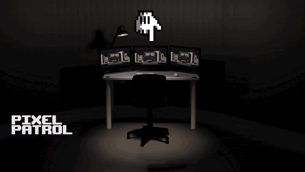 GIF of a hand pointing to a chair in front of a three-monitor table, inviting visitors to interact with the installation.